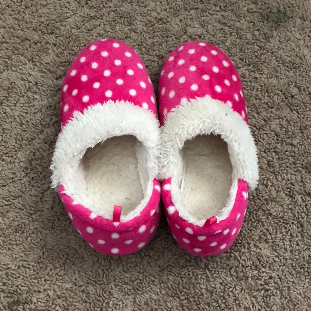 Pink and white polka dotted slippers
